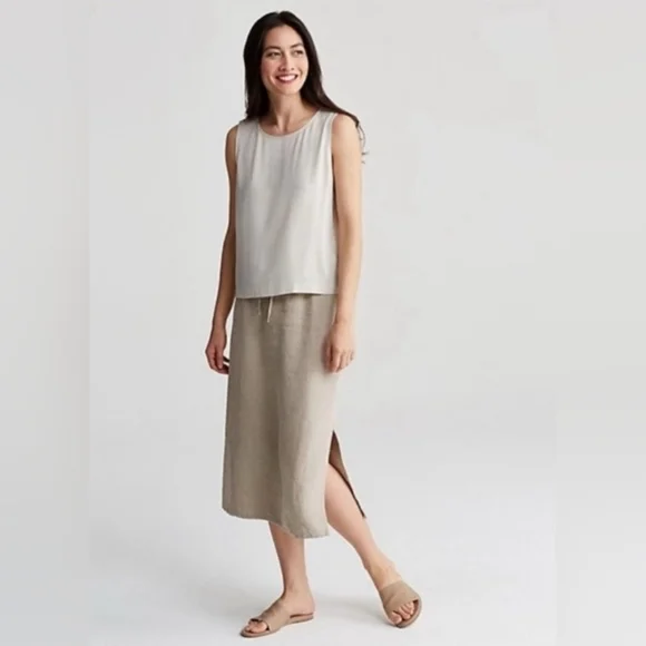 EILEEN FISHER Organic-Linen Midi Skirt Elastic Waist Drawstrings Khaki Size L - Picture 12 of 12
